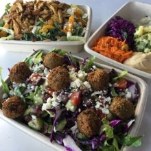 Gluten-free falafel, chicken, and hummus from Yalla Mediterranean